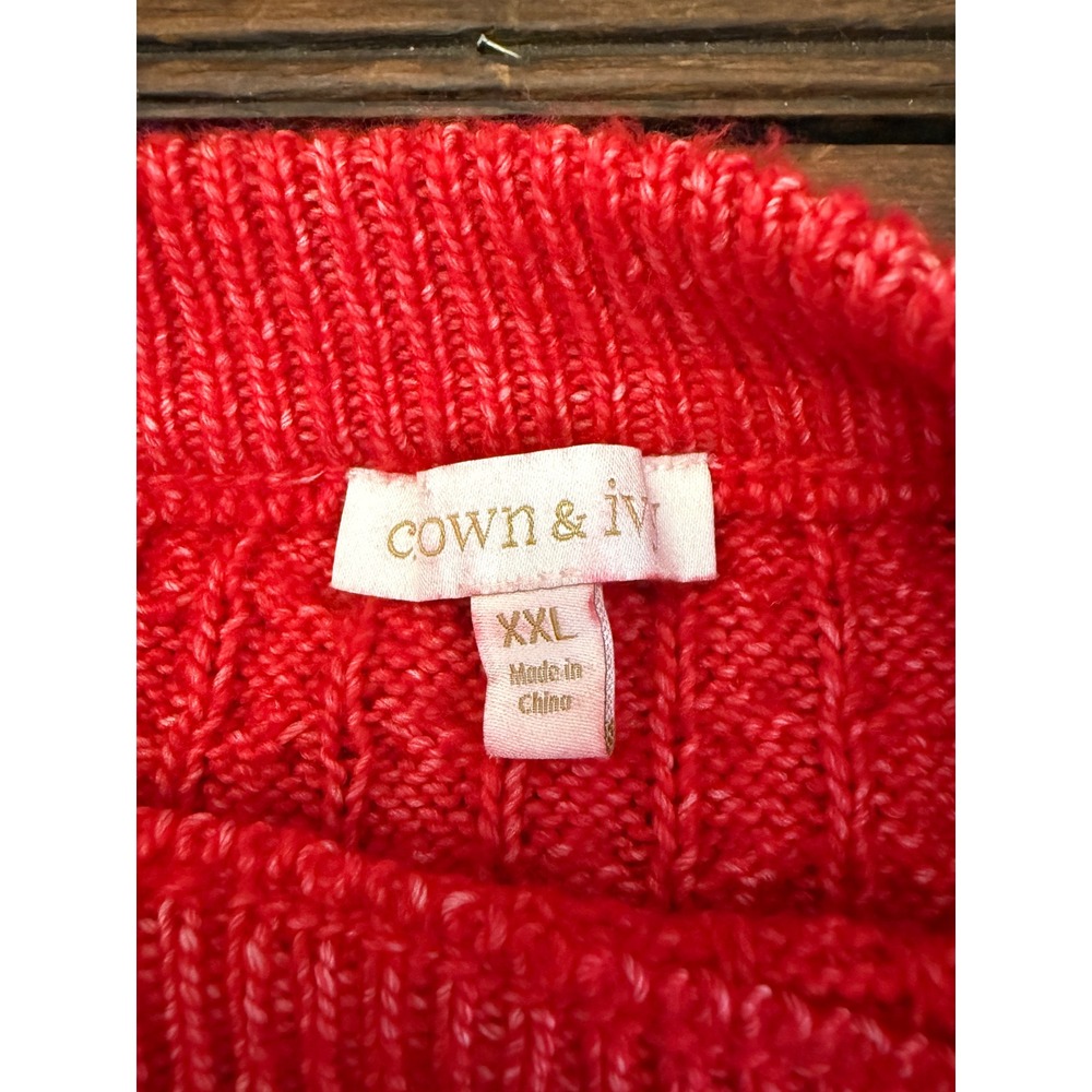 Crown & Ivy Women XXL Red Cable Knit Puff Sleeve Crew Neck Sweater Preppy Spring - Picture 3 of 8